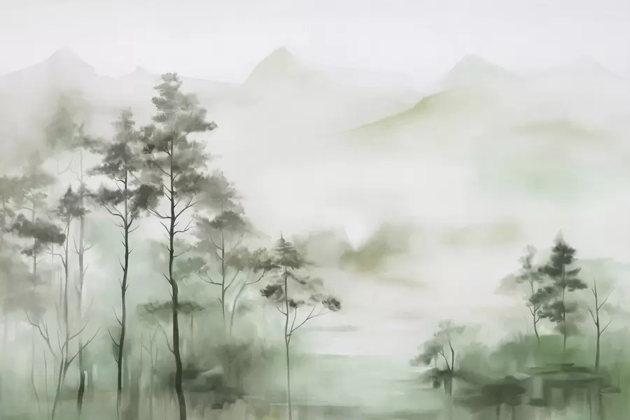 Fototapet Dimma landskap med höga träd och berg dämpade gröna och grå toner, minimalistisk stil, texturerad w09469