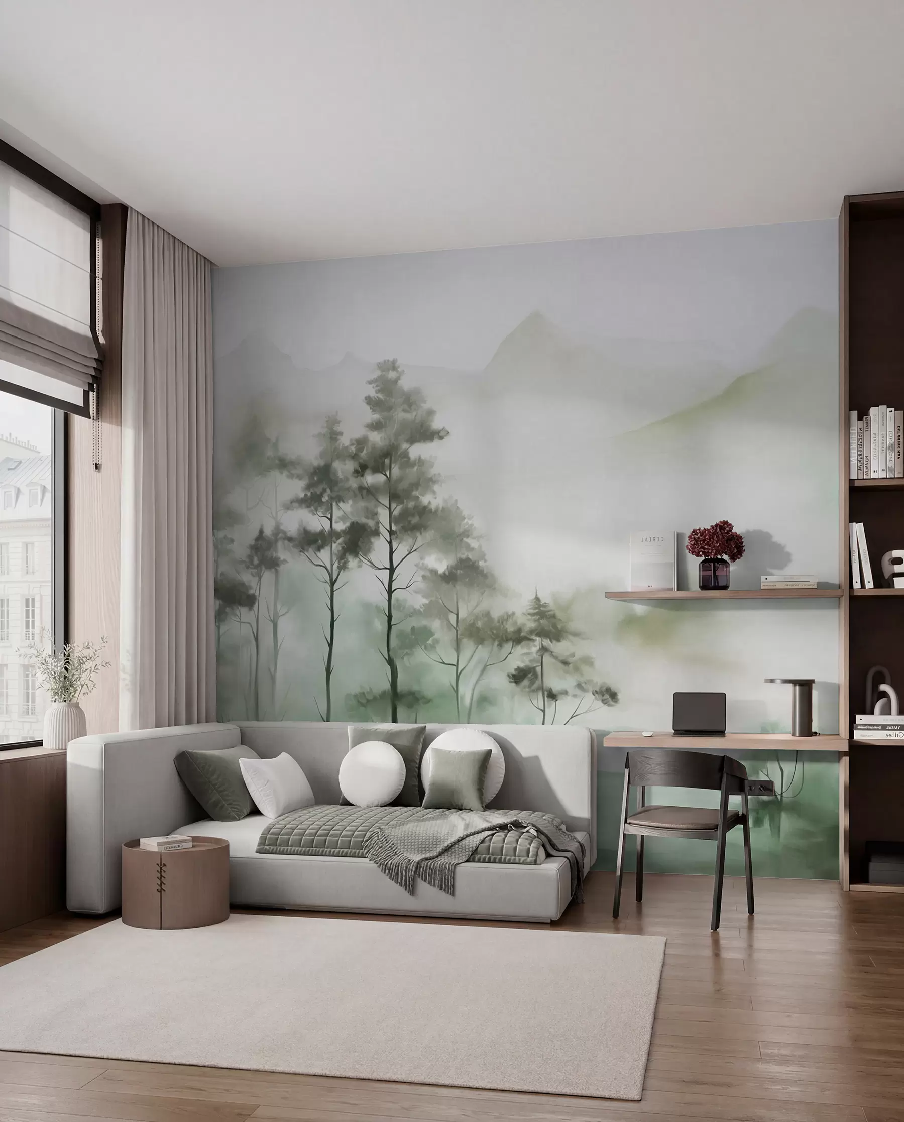 Fototapet Dimma landskap med höga träd och berg dämpade gröna och grå toner, minimalistisk stil, texturerad w09469