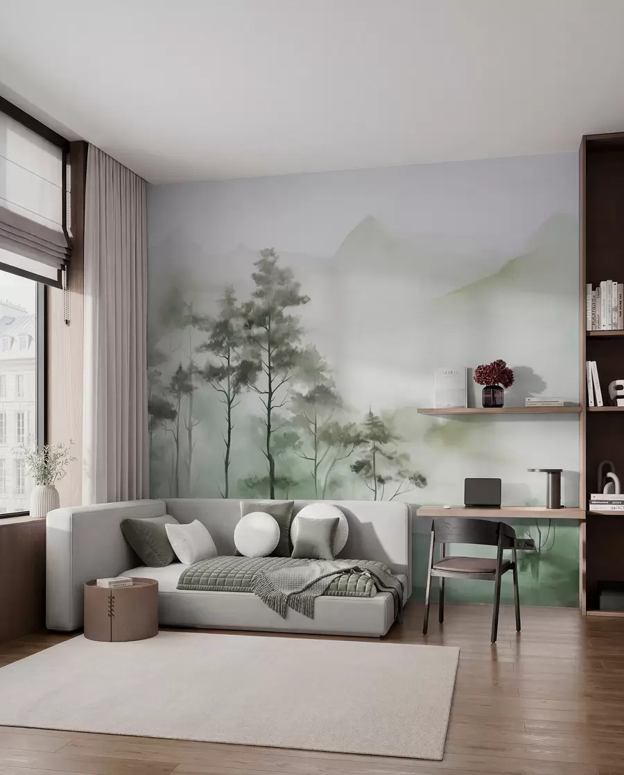 Fototapet Dimma landskap med höga träd och berg dämpade gröna och grå toner, minimalistisk stil, texturerad w09469