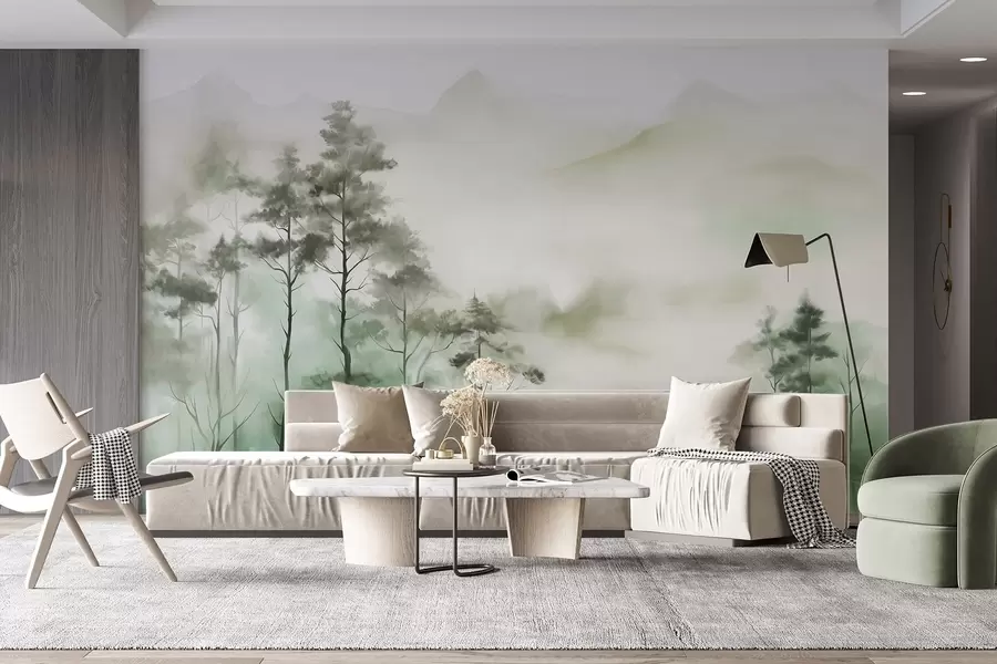 Fototapet Dimma landskap med höga träd och berg dämpade gröna och grå toner, minimalistisk stil, texturerad w09469