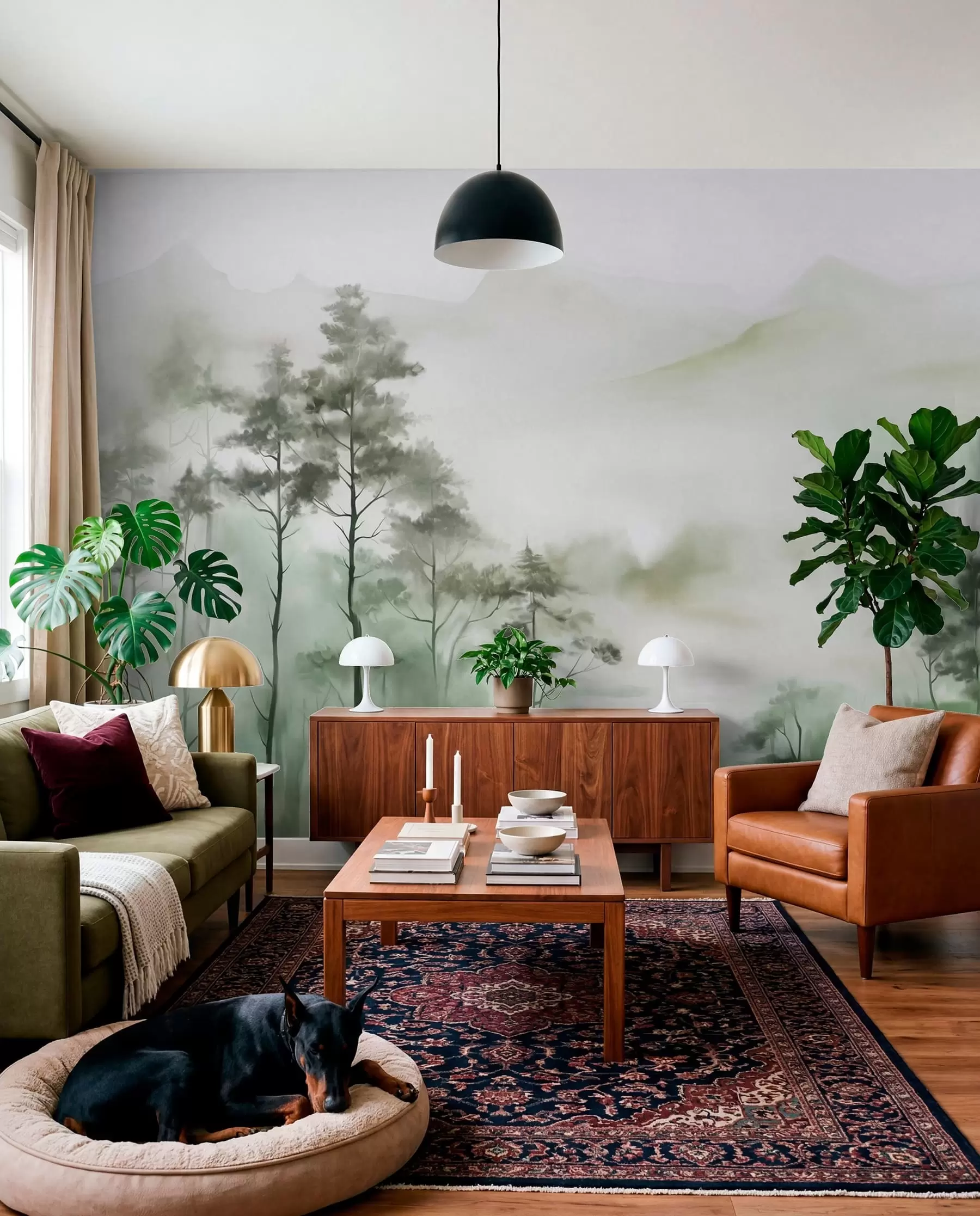 Fototapet Dimma landskap med höga träd och berg dämpade gröna och grå toner, minimalistisk stil, texturerad w09469