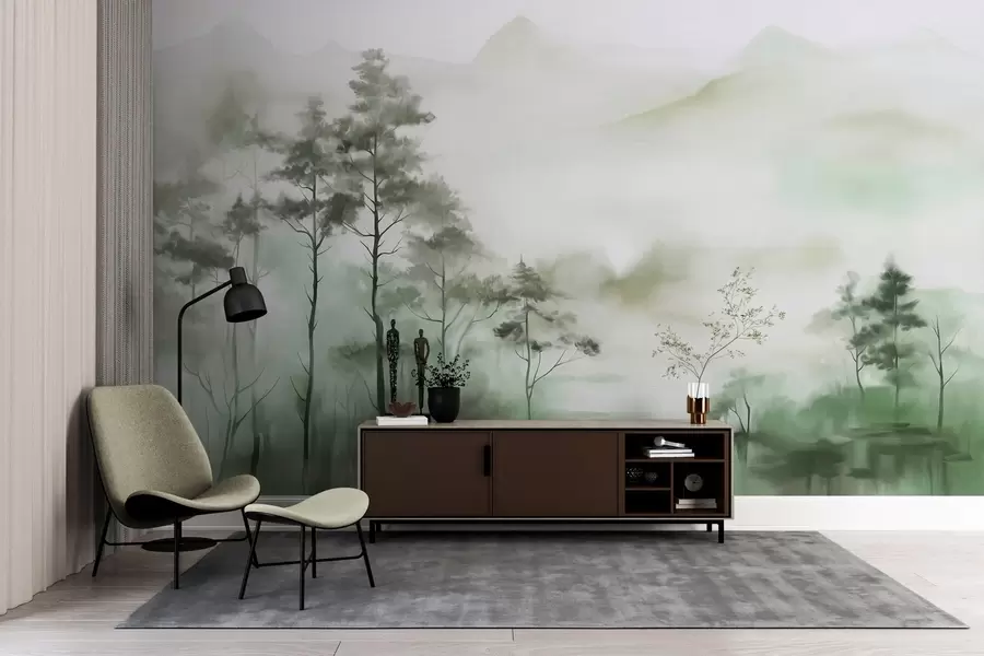 Fototapet Dimma landskap med höga träd och berg dämpade gröna och grå toner, minimalistisk stil, texturerad w09469