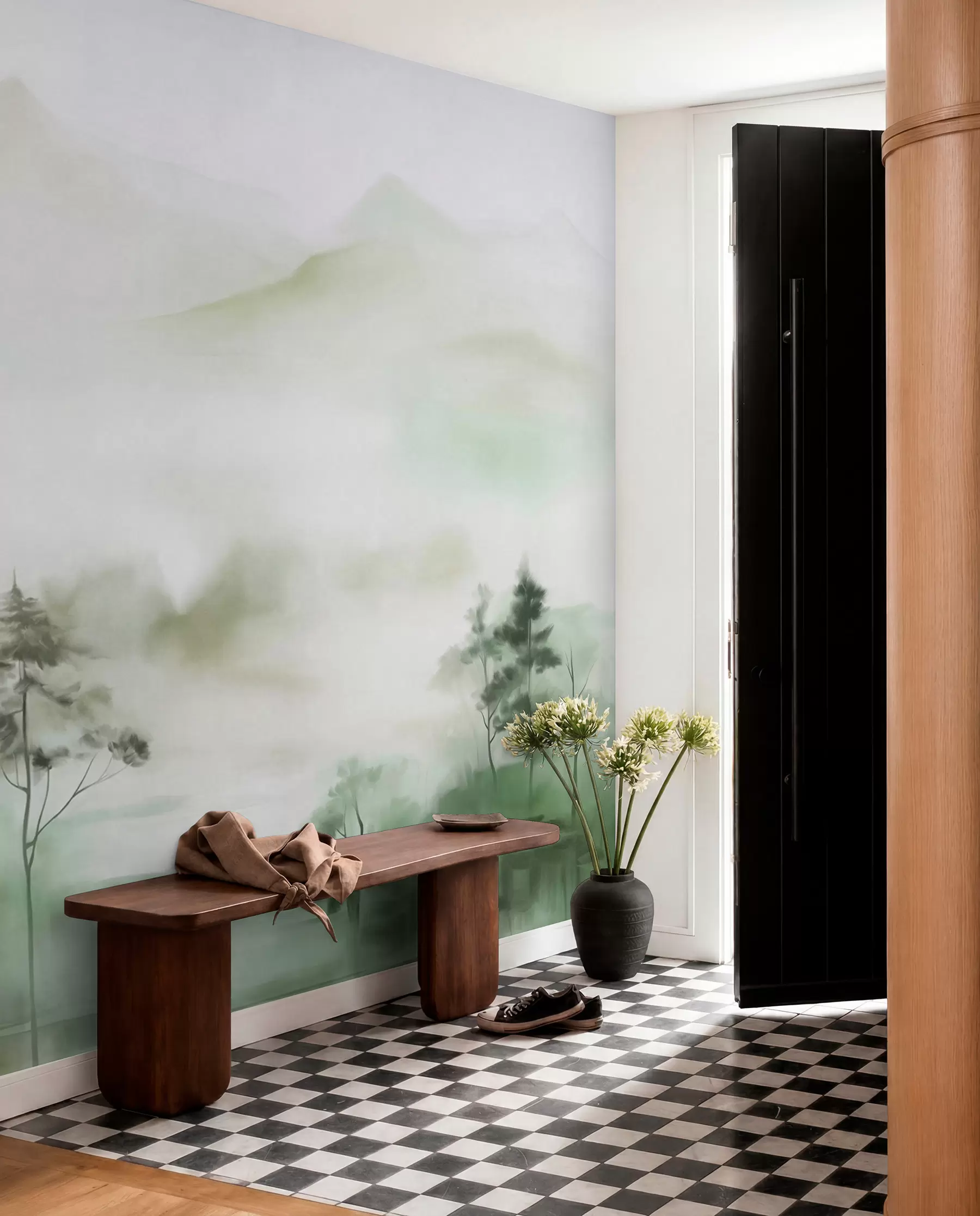 Fototapet Dimma landskap med höga träd och berg dämpade gröna och grå toner, minimalistisk stil, texturerad w09469