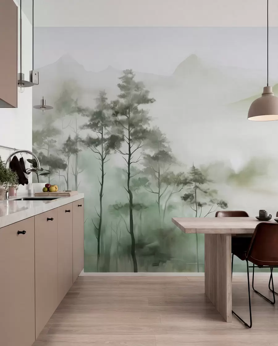 Fototapet Dimma landskap med höga träd och berg dämpade gröna och grå toner, minimalistisk stil, texturerad w09469