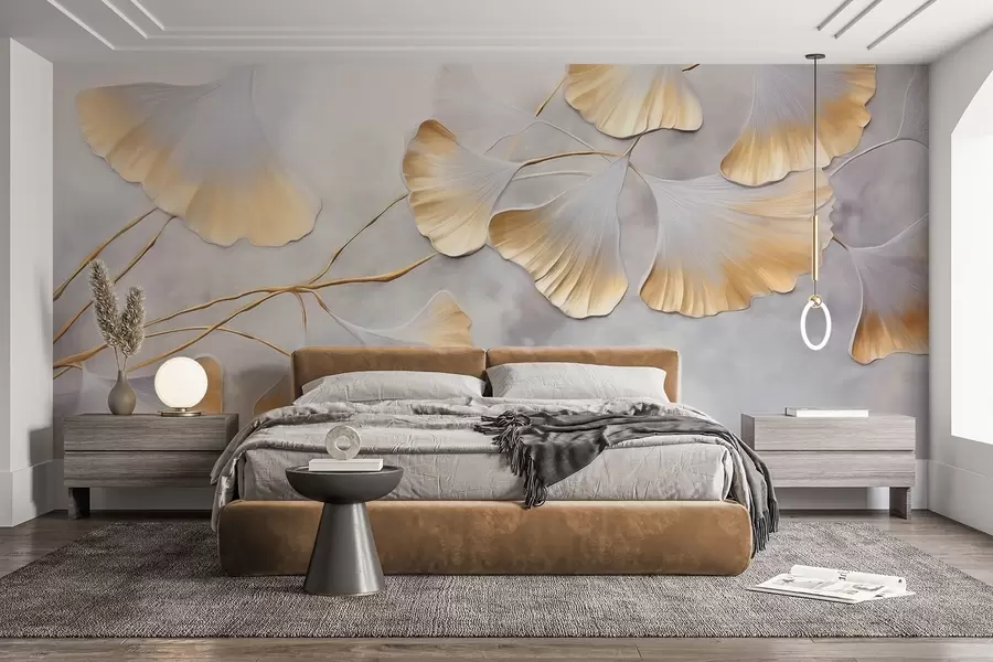 Fototapet Ginkgo biloba-blad med gula kanter på en gren, grå texturerad bakgrund, elegant och minimalistisk design w09472