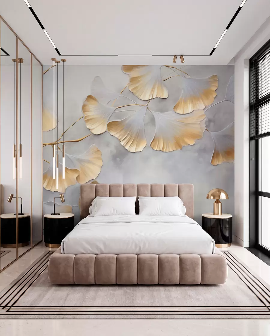 Fototapet Ginkgo biloba-blad med gula kanter på en gren, grå texturerad bakgrund, elegant och minimalistisk design w09472