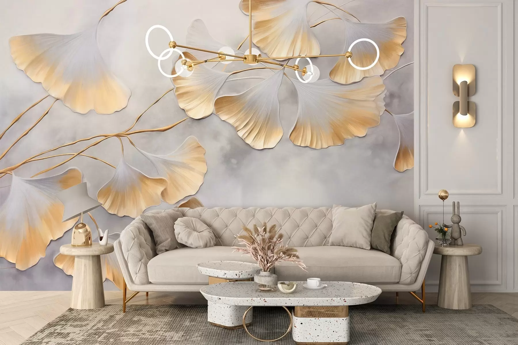 Fototapet Ginkgo biloba-blad med gula kanter på en gren, grå texturerad bakgrund, elegant och minimalistisk design w09472
