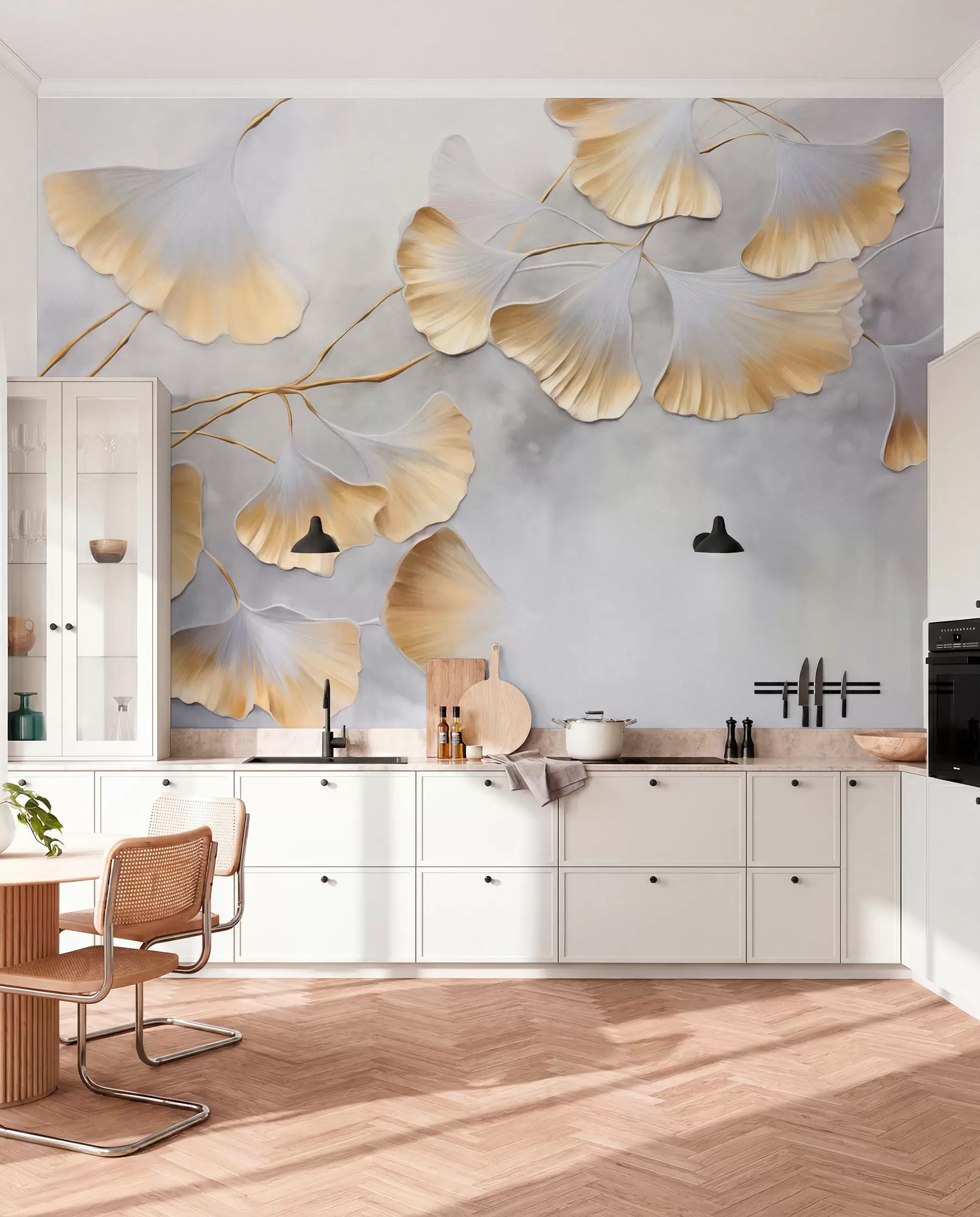 Fototapet Ginkgo biloba-blad med gula kanter på en gren, grå texturerad bakgrund, elegant och minimalistisk design w09472