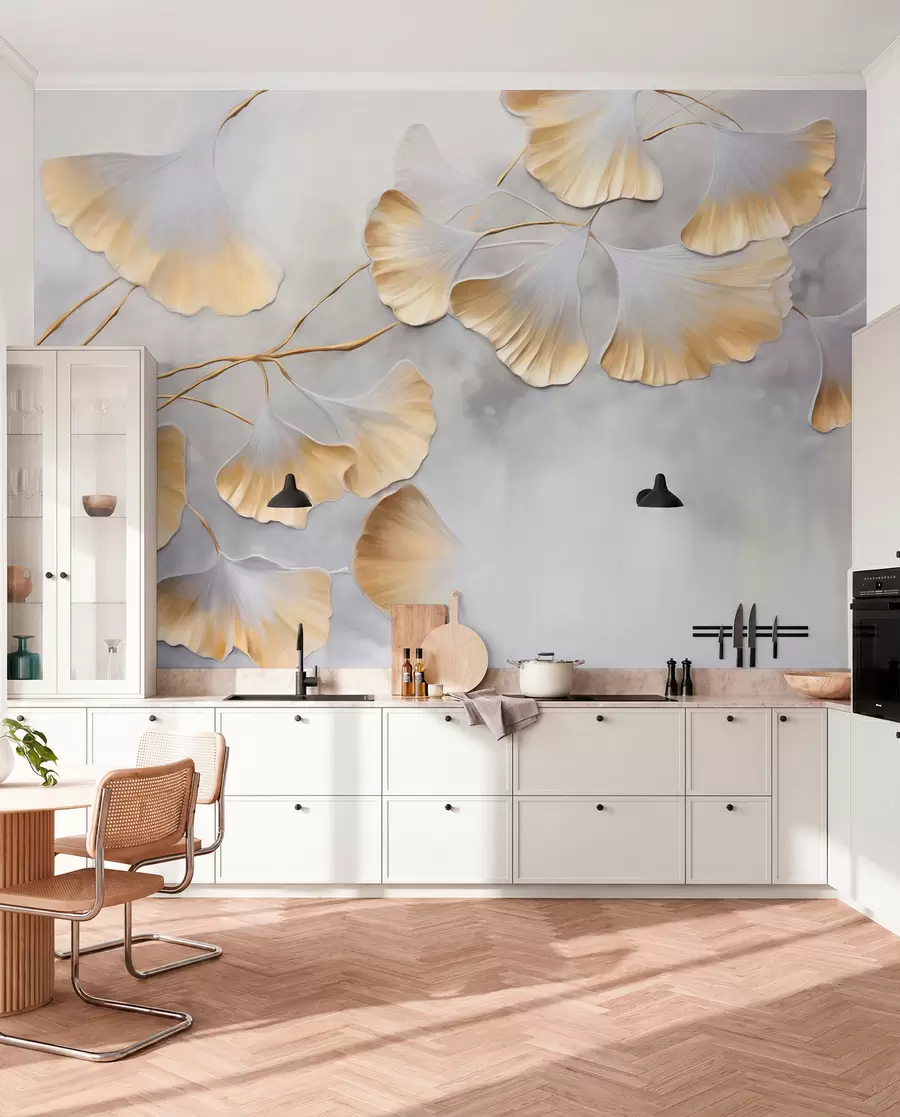 Fototapet Ginkgo biloba-blad med gula kanter på en gren, grå texturerad bakgrund, elegant och minimalistisk design w09472