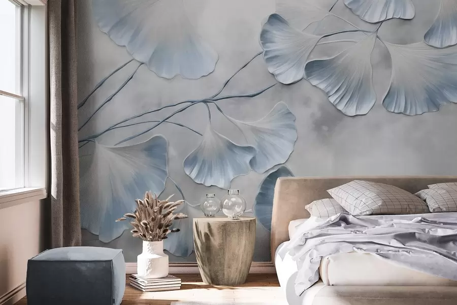 Fototapet Ginkgo biloba-blad med blå kanter på en gren, grå texturerad bakgrund, elegant och minimalistisk design w09472v1