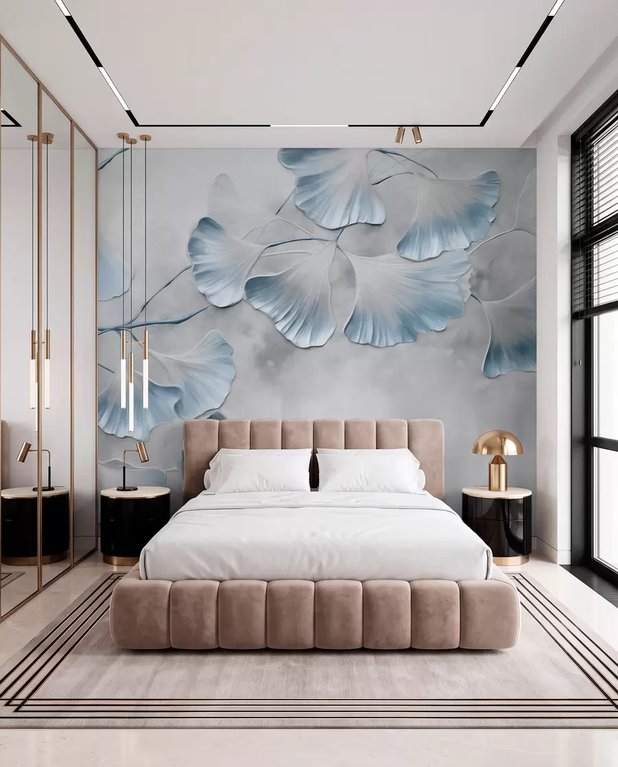 Fototapet Ginkgo biloba-blad med blå kanter på en gren, grå texturerad bakgrund, elegant och minimalistisk design w09472v1