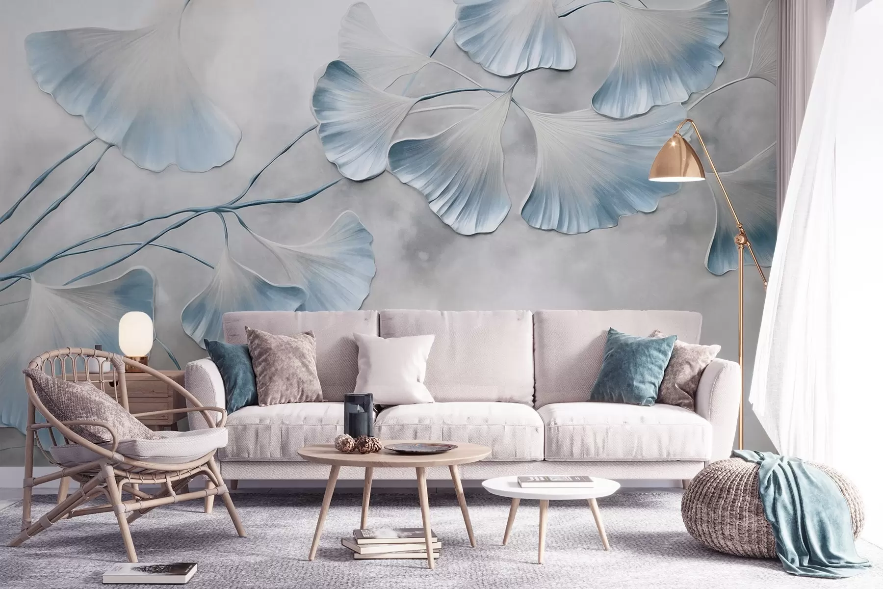 Fototapet Ginkgo biloba-blad med blå kanter på en gren, grå texturerad bakgrund, elegant och minimalistisk design w09472v1