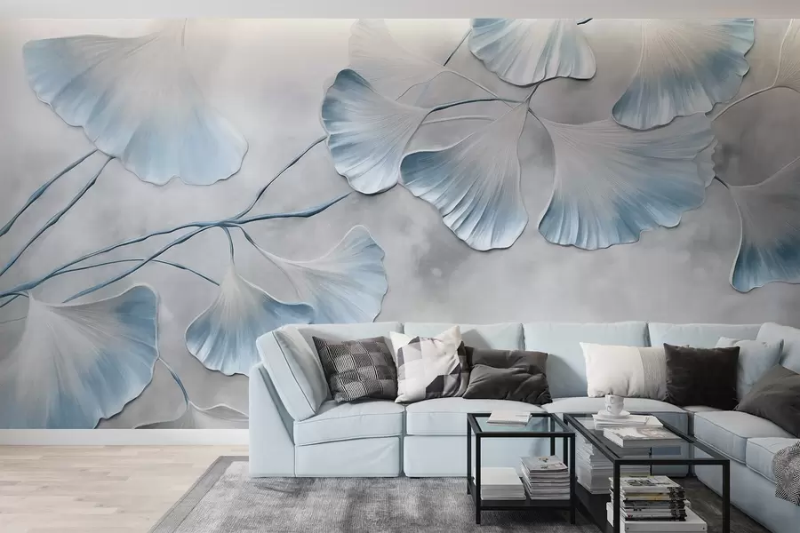 Fototapet Ginkgo biloba-blad med blå kanter på en gren, grå texturerad bakgrund, elegant och minimalistisk design w09472v1