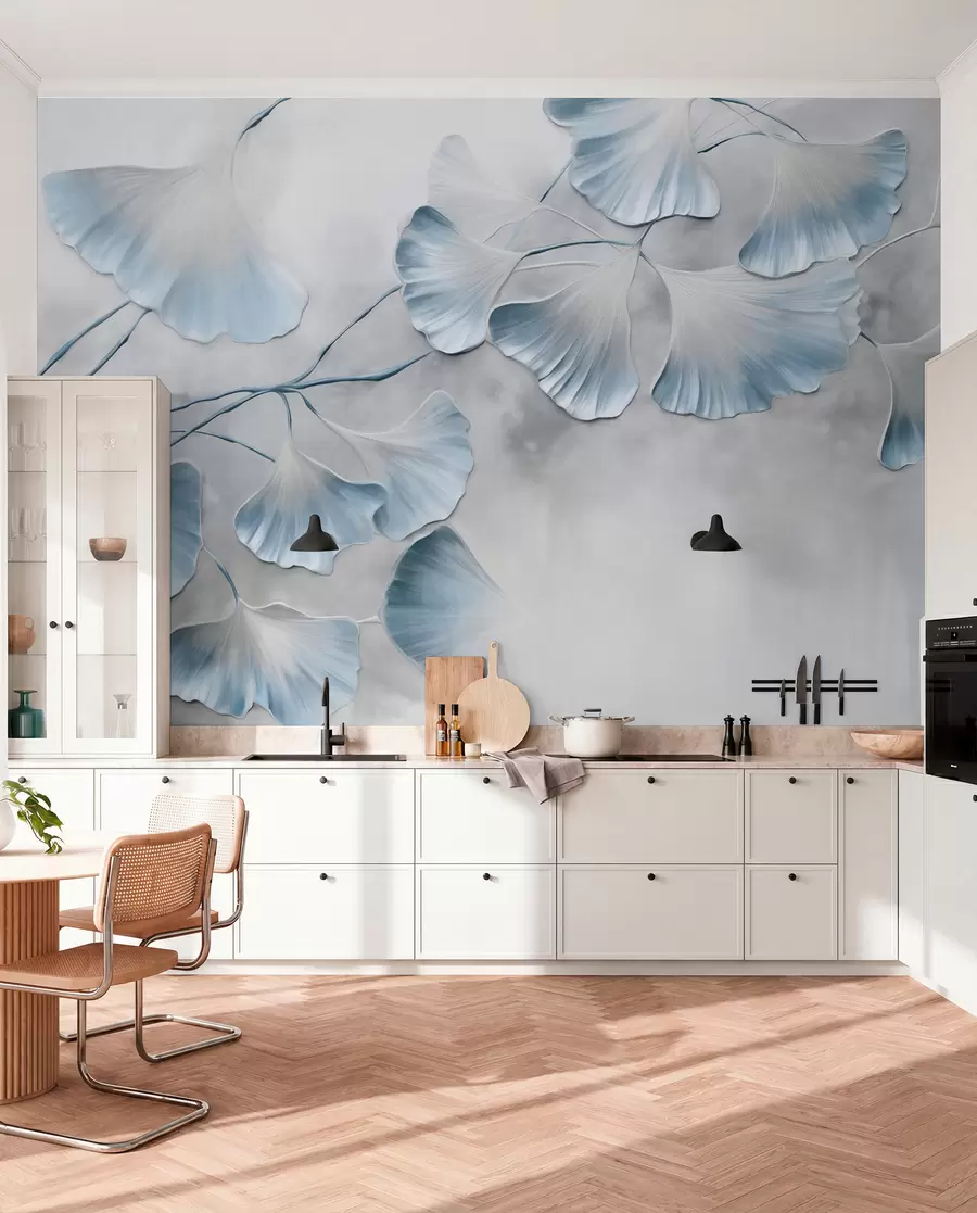 Fototapet Ginkgo biloba-blad med blå kanter på en gren, grå texturerad bakgrund, elegant och minimalistisk design w09472v1