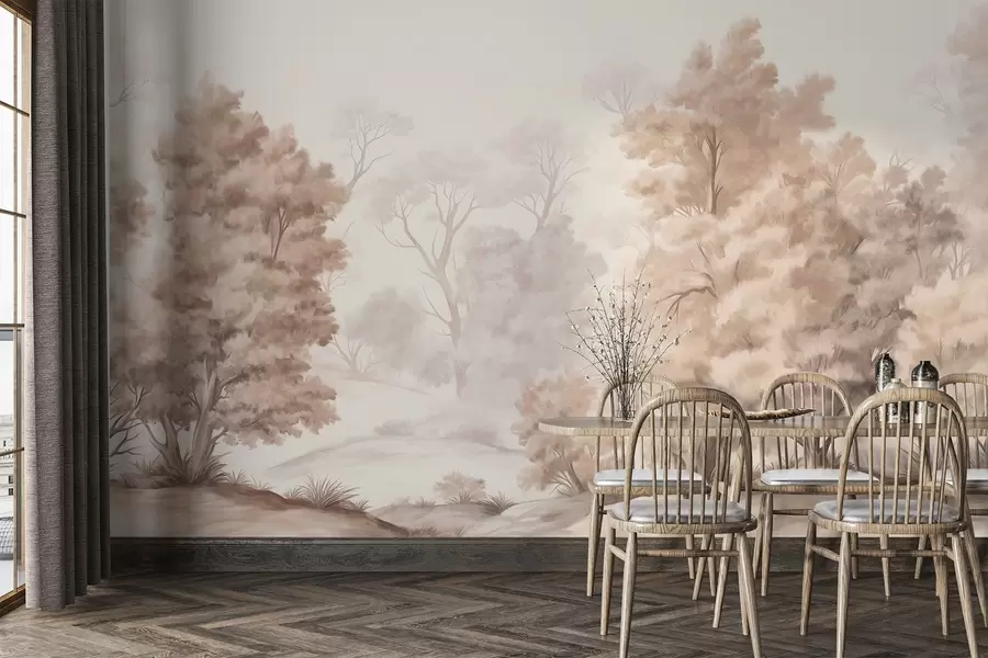 Fototapet Texturerad landskapsmålning som imiterar en skog med höga träd och gräs, dämpade och mjuka färger, lugnande scen w09474