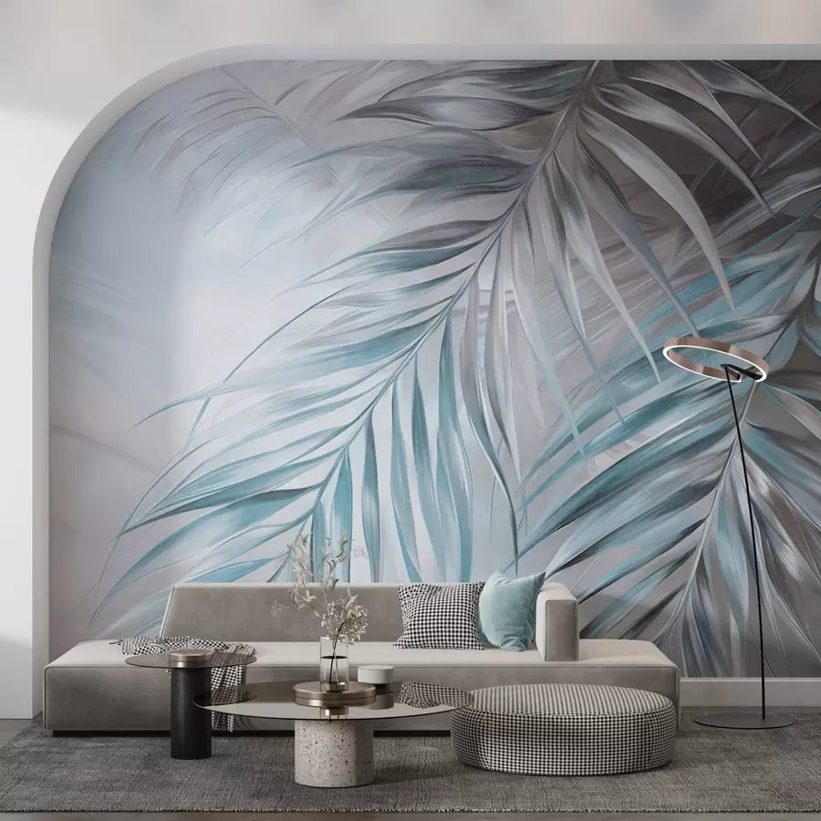 Fototapet Palmblad i grå och blå toner, ljus texturerad bakgrund med mjuka färger, elegant tropisk stil w09475v1