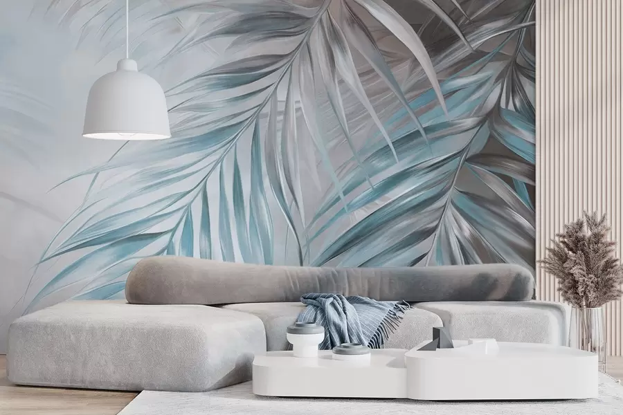 Fototapet Palmblad i grå och blå toner, ljus texturerad bakgrund med mjuka färger, elegant tropisk stil w09475v1