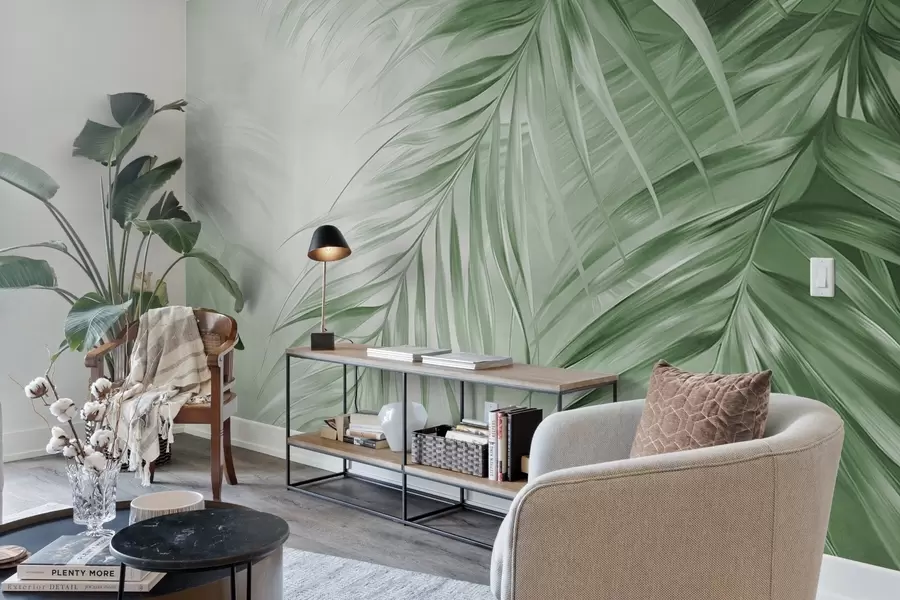 Fototapet Palmblad med gröna toner, ljus texturerad bakgrund med mjuka färger, elegant tropisk stil w09475v2