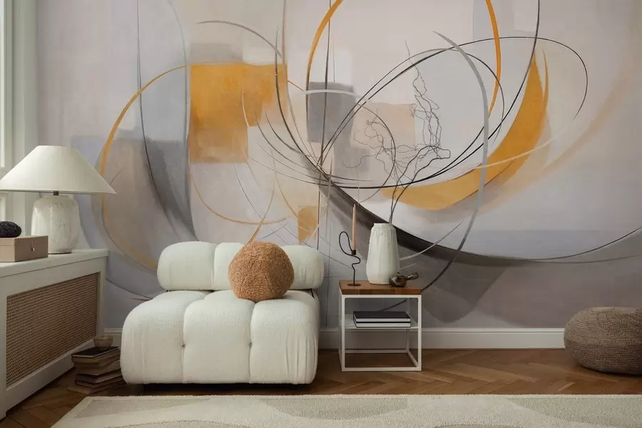Fototapet Abstrakt texturerad modern målningsstil med böjda linjer och geometriska former i nyanser av grått, vitt och orange w09476