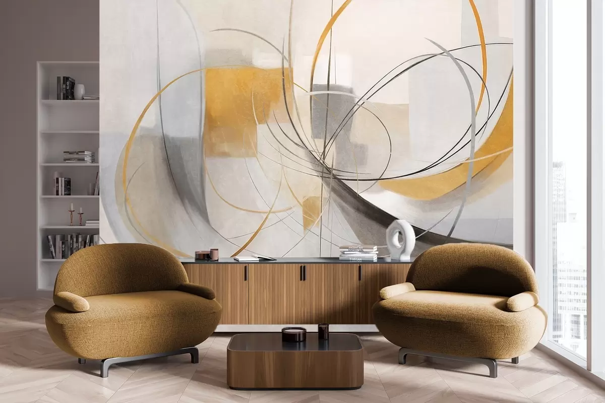 Fototapet Abstrakt texturerad modern målningsstil med böjda linjer och geometriska former i nyanser av grått, vitt och orange w09476