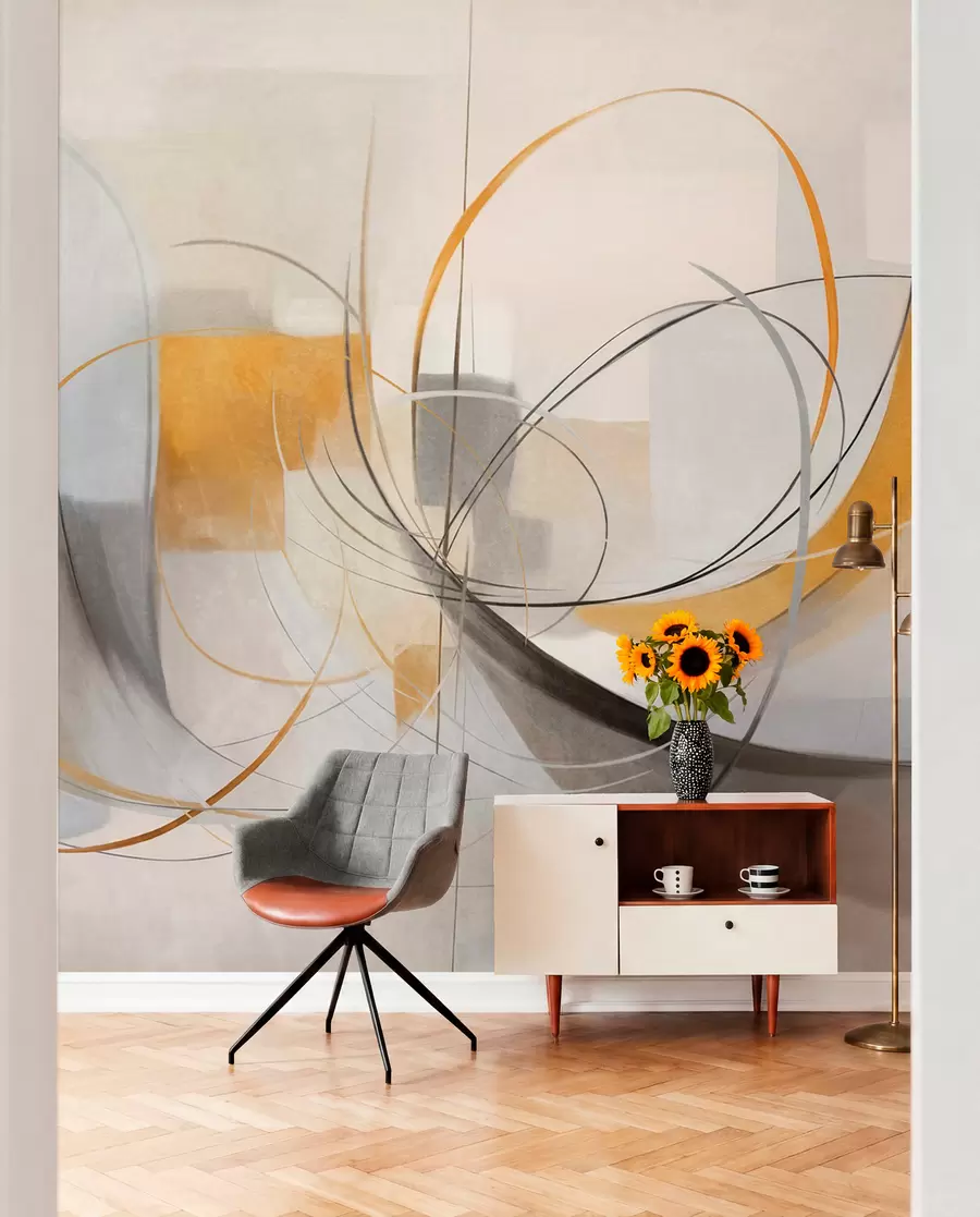 Fototapet Abstrakt texturerad modern målningsstil med böjda linjer och geometriska former i nyanser av grått, vitt och orange w09476