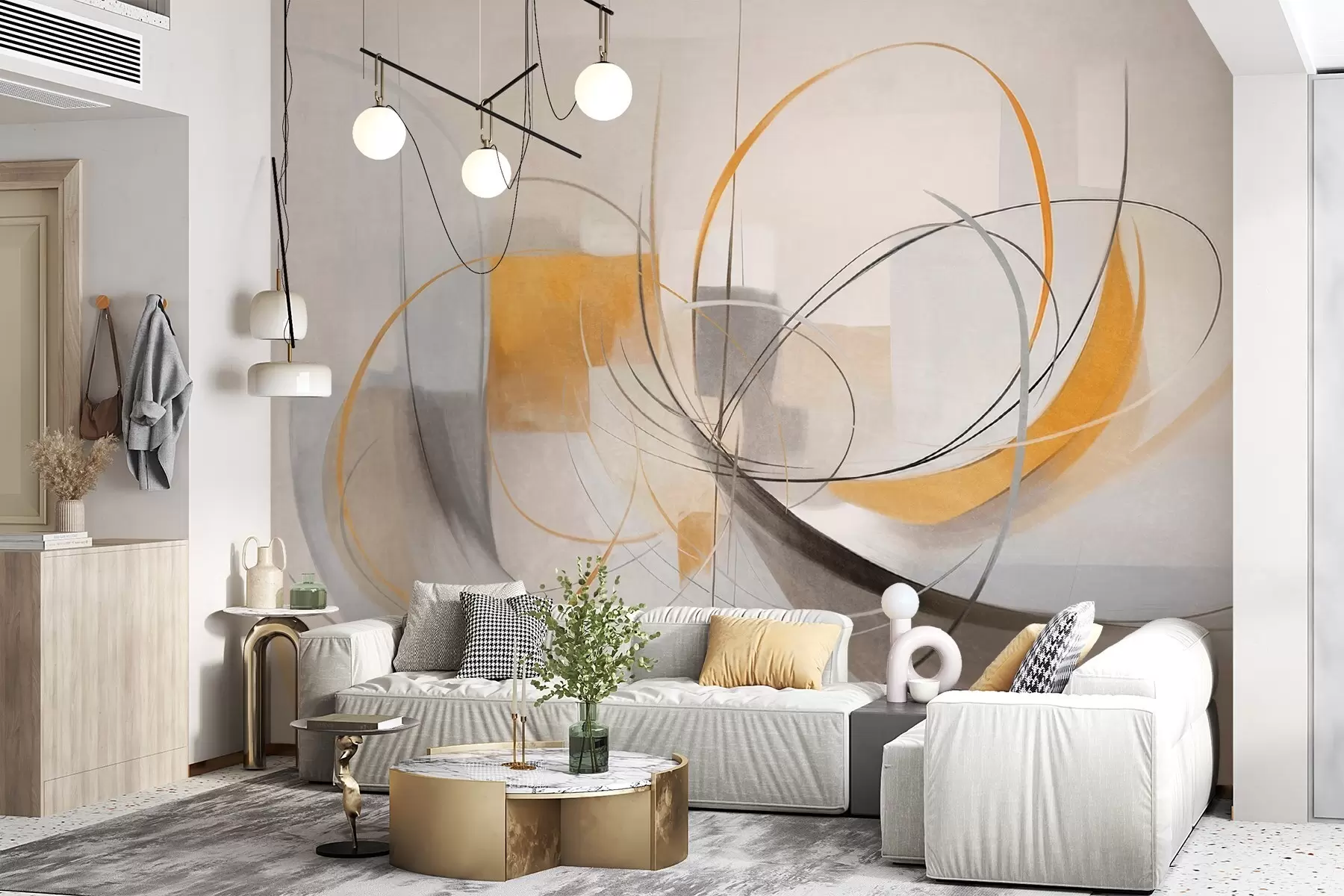 Fototapet Abstrakt texturerad modern målningsstil med böjda linjer och geometriska former i nyanser av grått, vitt och orange w09476
