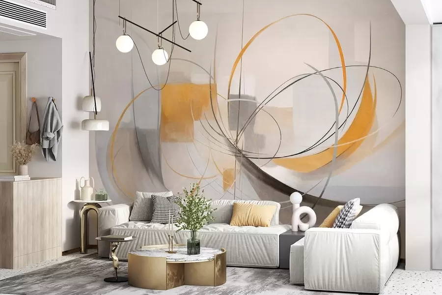 Fototapet Abstrakt texturerad modern målningsstil med böjda linjer och geometriska former i nyanser av grått, vitt och orange w09476