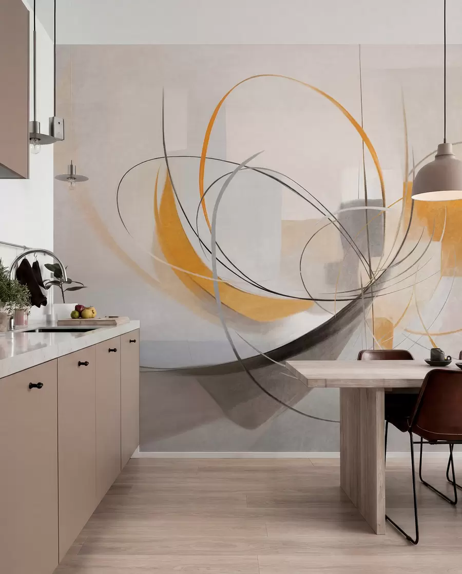 Fototapet Abstrakt texturerad modern målningsstil med böjda linjer och geometriska former i nyanser av grått, vitt och orange w09476