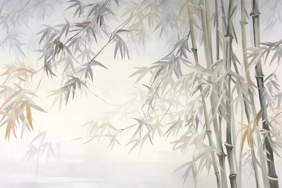 Fototapet Strukturerade bambustammar och blad i en mjuk, dämpad färgpalett av grått, vitt och krämfärgat, minimalistisk komposition w09485