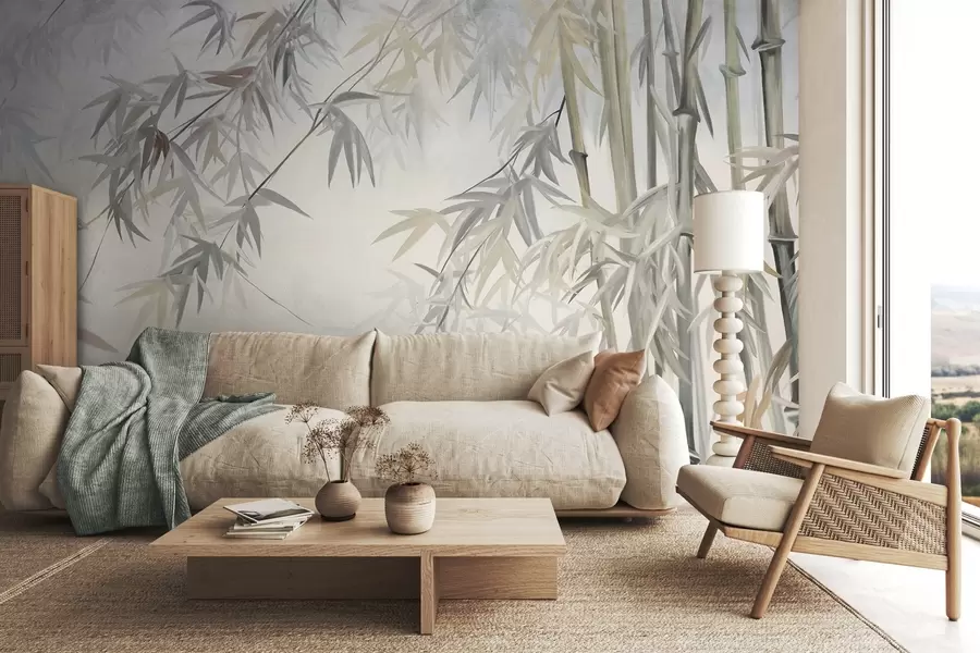Fototapet Strukturerade bambustammar och blad i en mjuk, dämpad färgpalett av grått, vitt och krämfärgat, minimalistisk komposition w09485