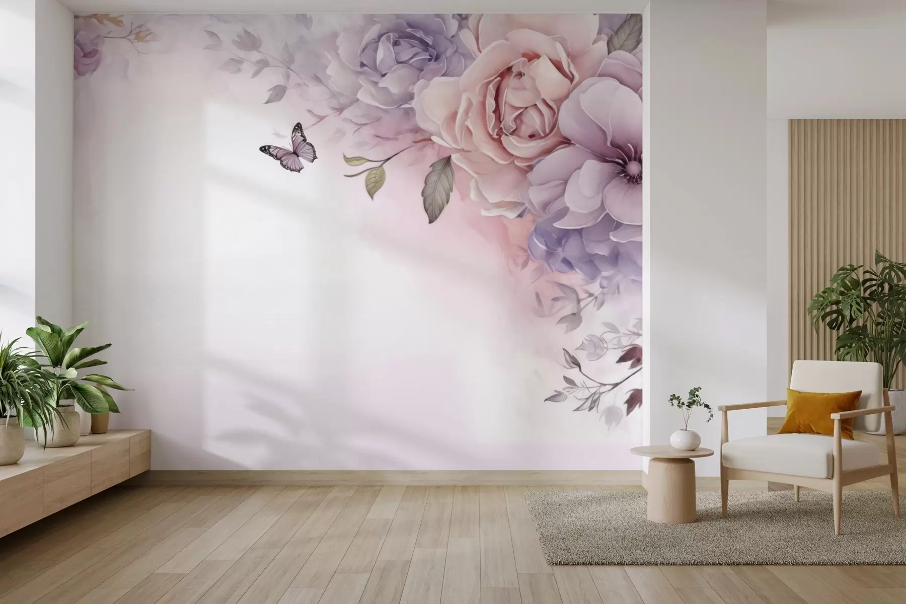 Fototapet Delikata rosa och lila blommor med en fjäril w04711