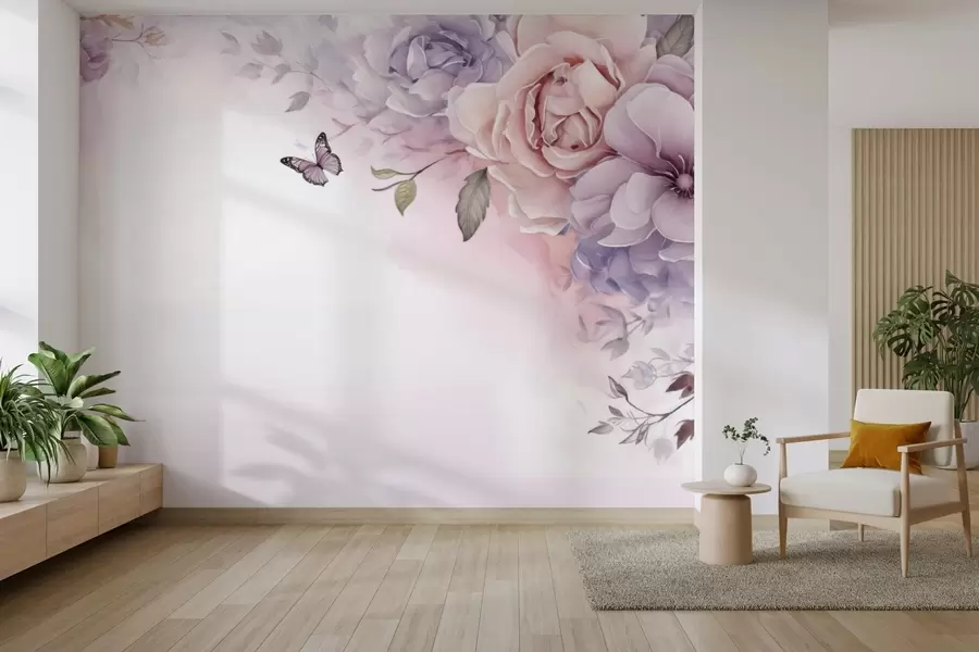 Fototapet Delikata rosa och lila blommor med en fjäril w04711