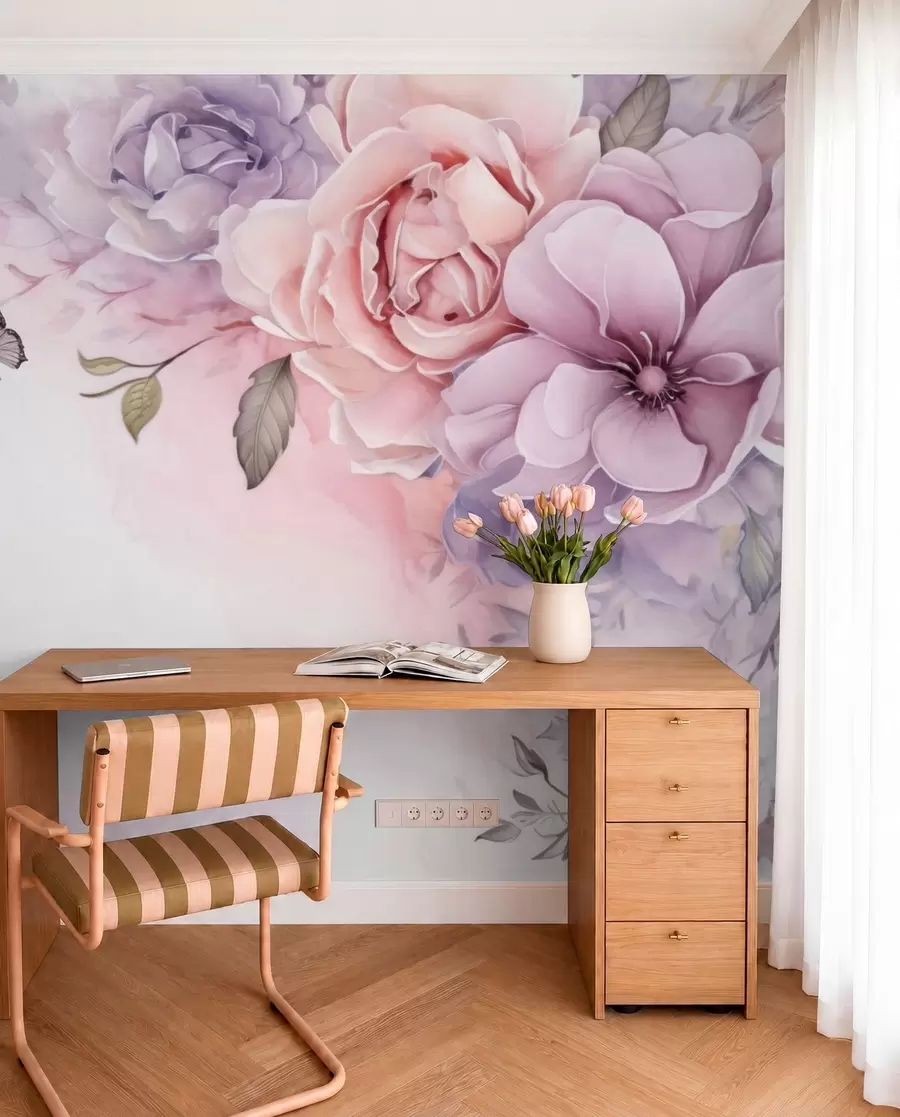 Fototapet Delikata rosa och lila blommor med en fjäril w04711