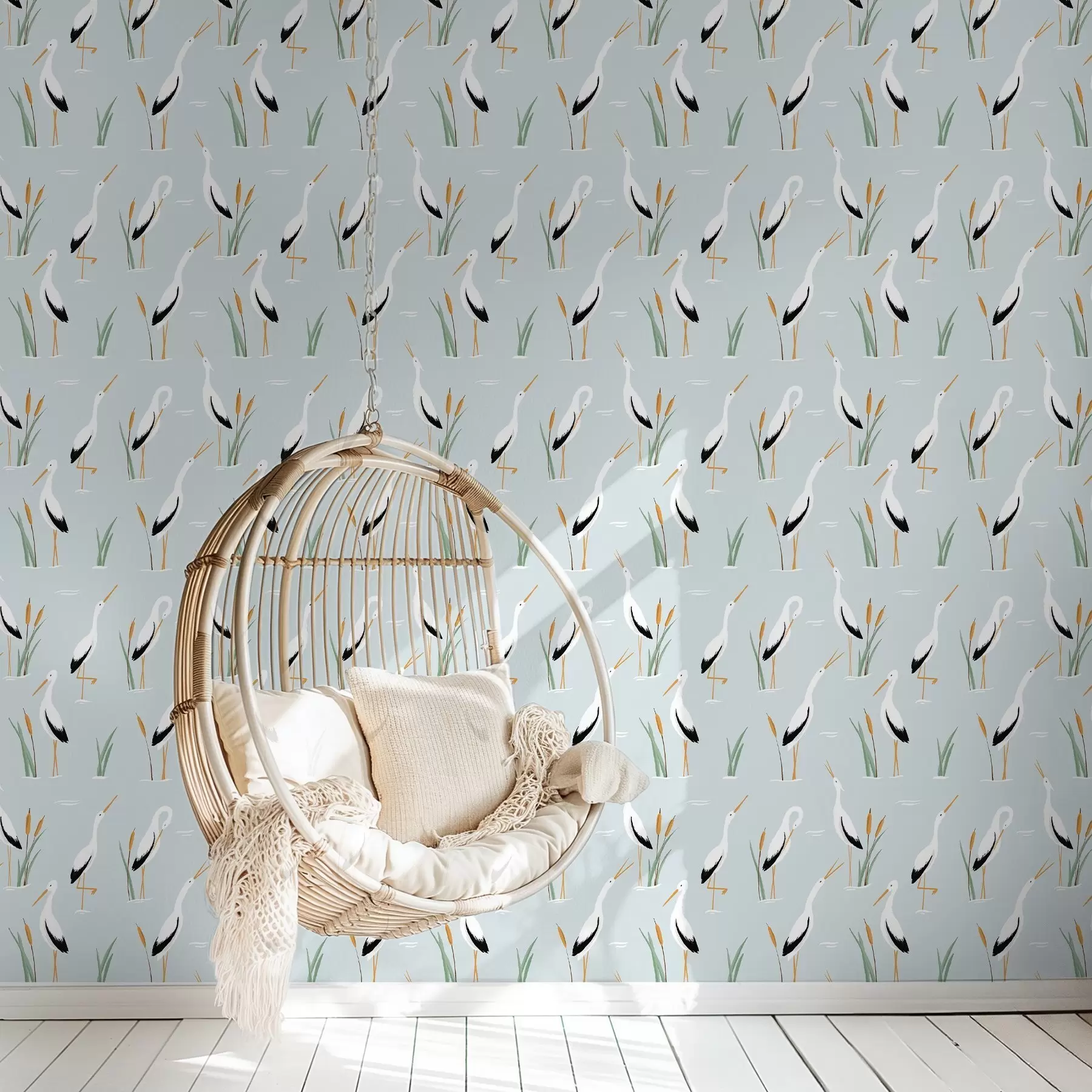 Fototapet Hägrar bland vass på en mjuk blå bakgrund a00650v1