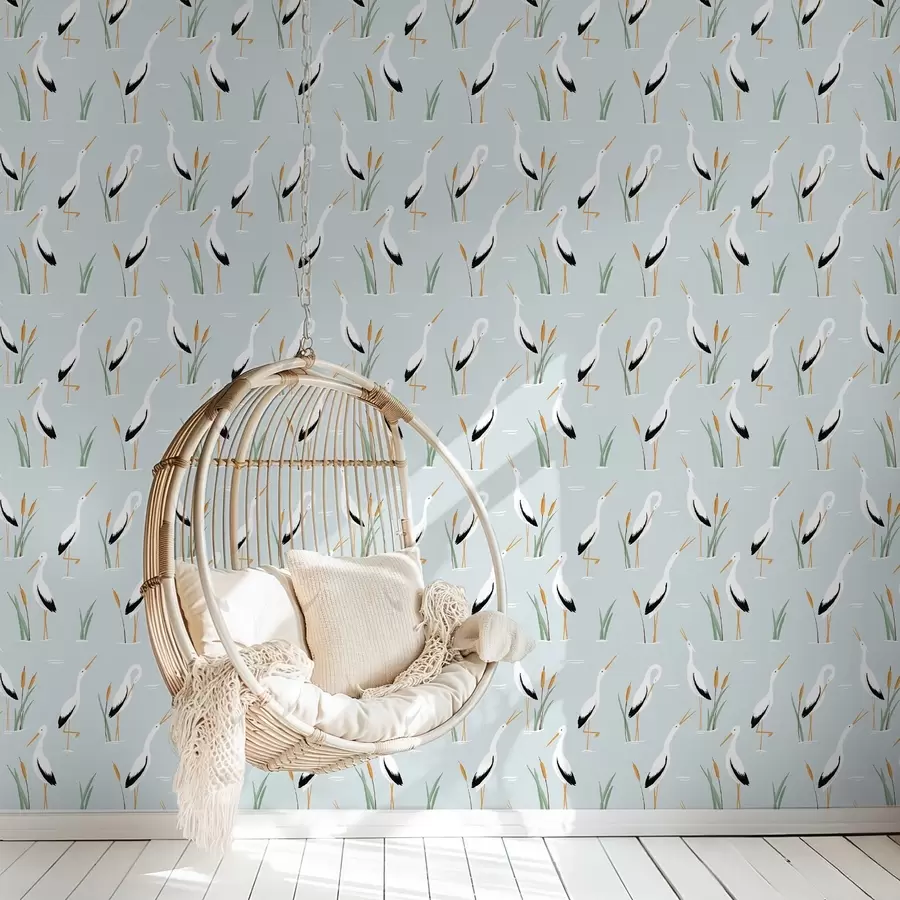 Fototapet Hägrar bland vass på en mjuk blå bakgrund a00650v1