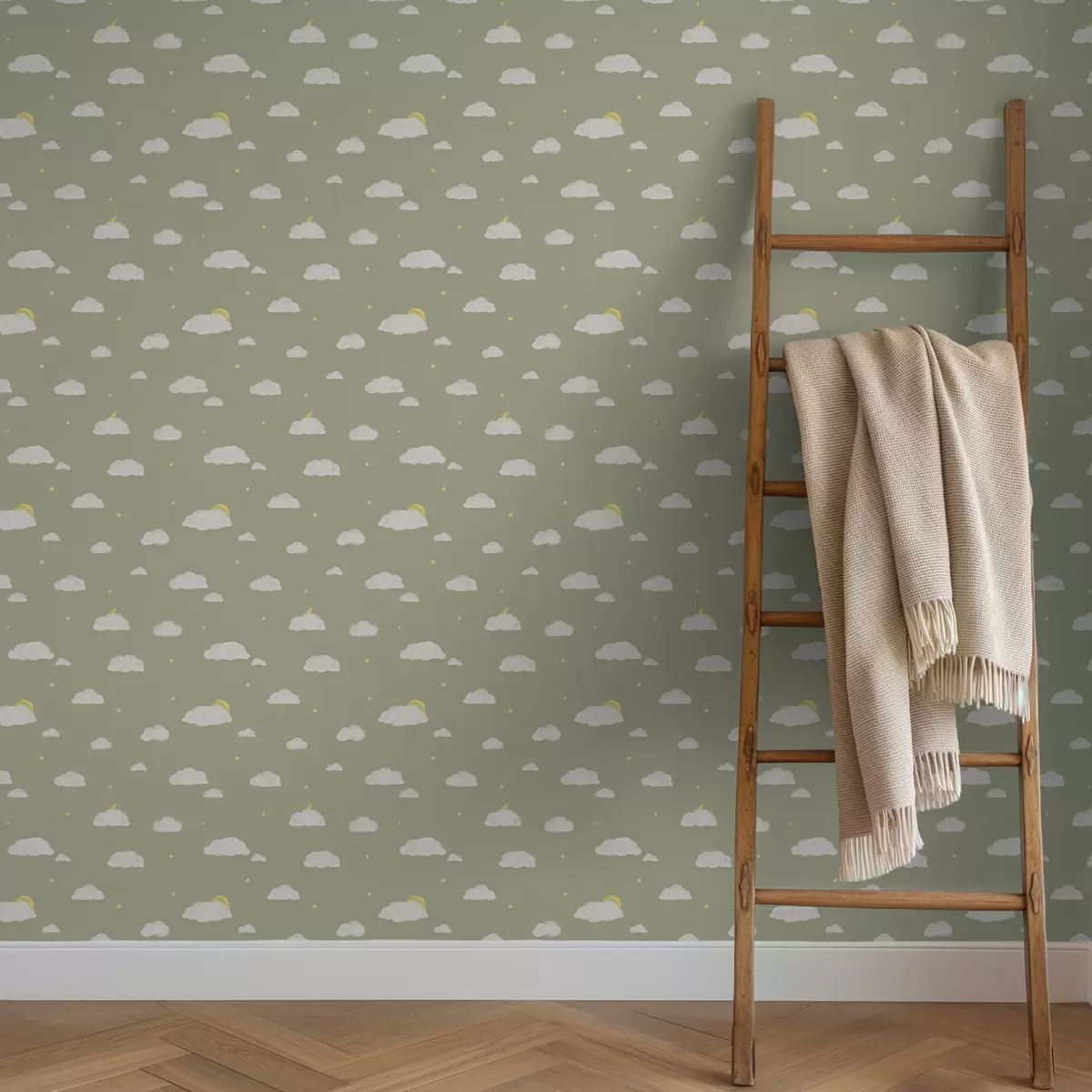 Bakgrund Mjuka moln, stjärnor och sol på en grågrön bakgrund a00652v1