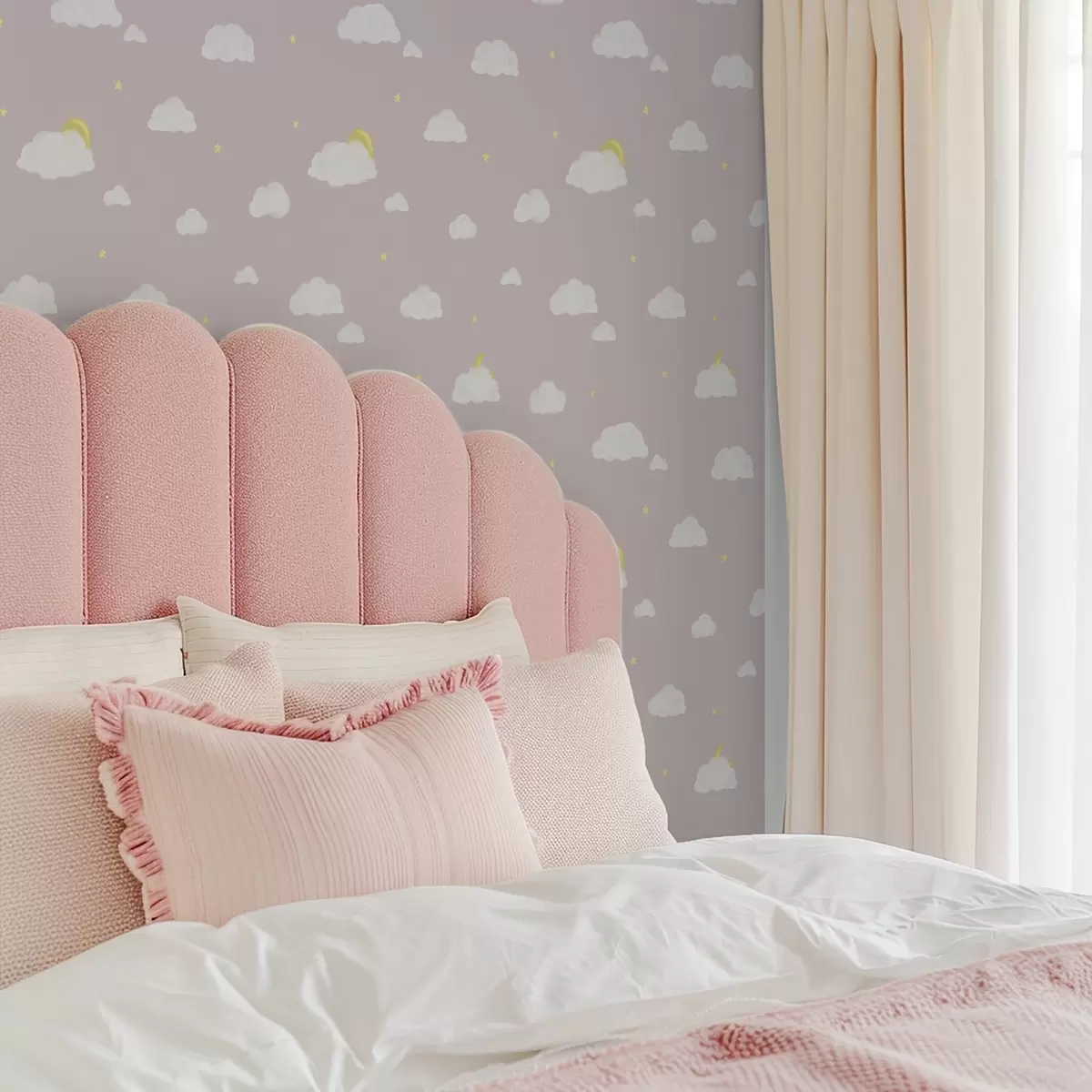 Bakgrund Mjuka moln, stjärnor och sol på en rosa-grå bakgrund a00652v2