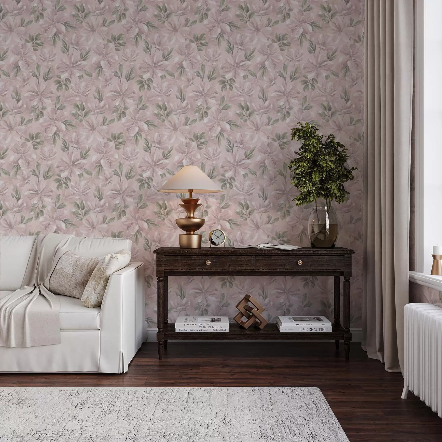 Fototapet Rosa blommor med fina blad på en mjuk bakgrund a00675