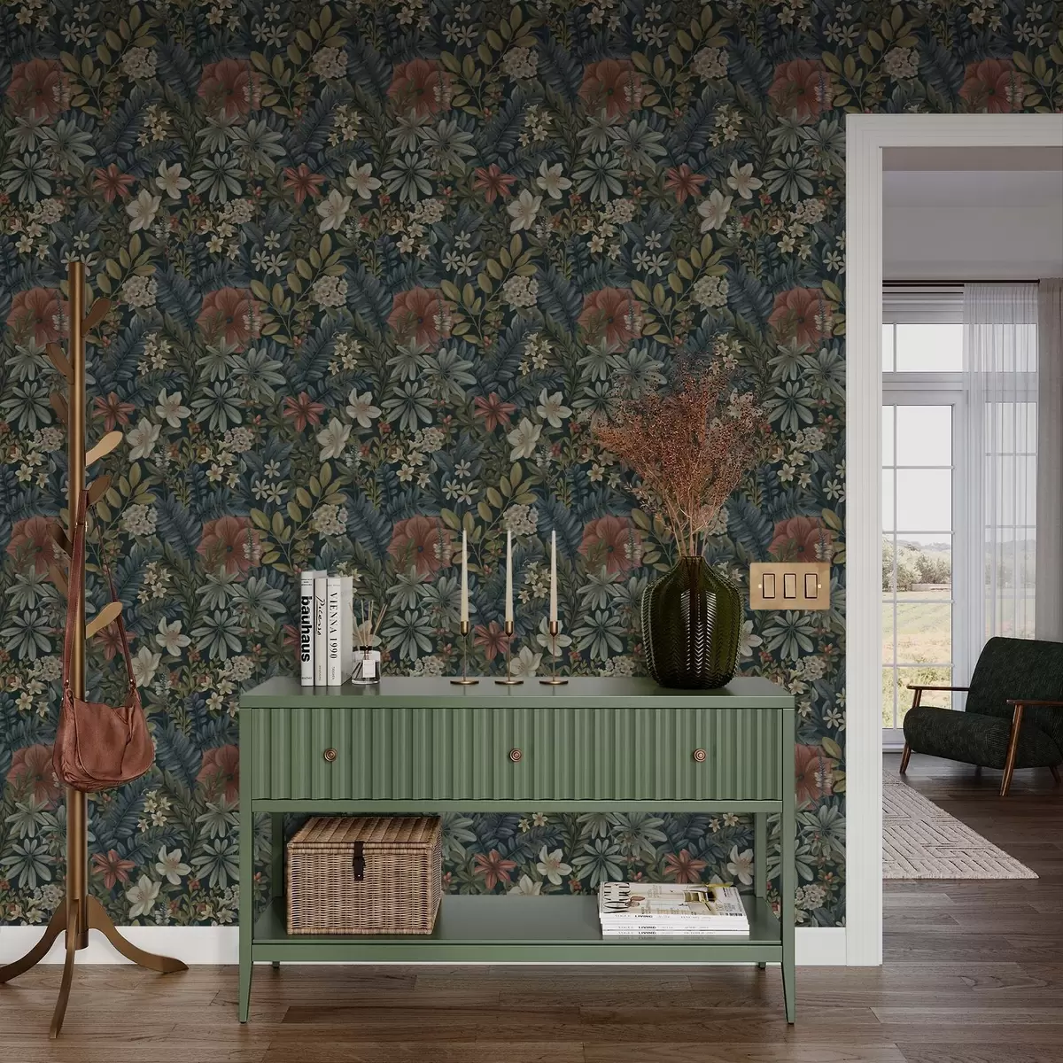 Bakgrund Mörk bakgrund med täta blommor och blad i varma toner a00678