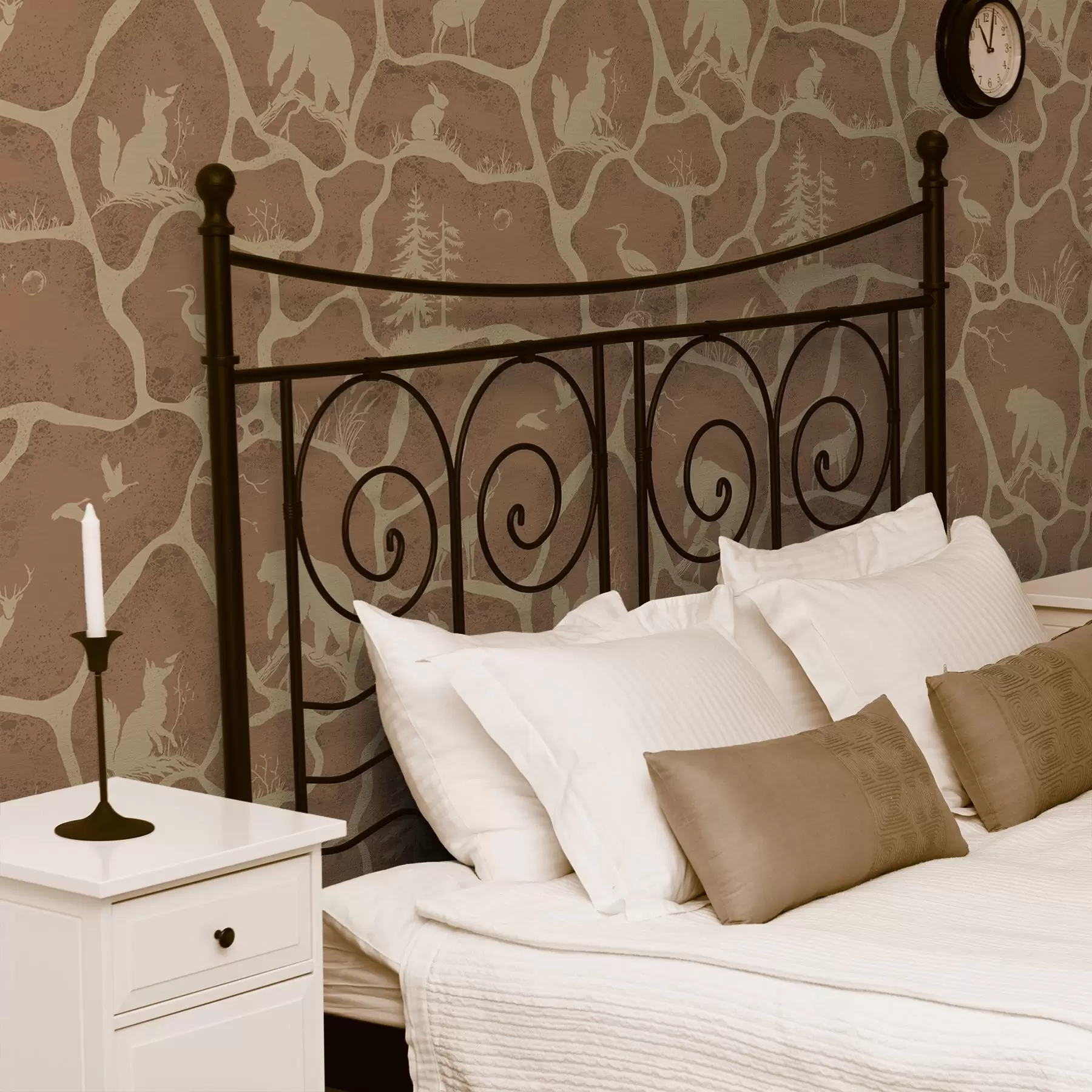 Fototapet Silhuetter av djur och träd i ett naturligt landskap med stenstruktur a00727