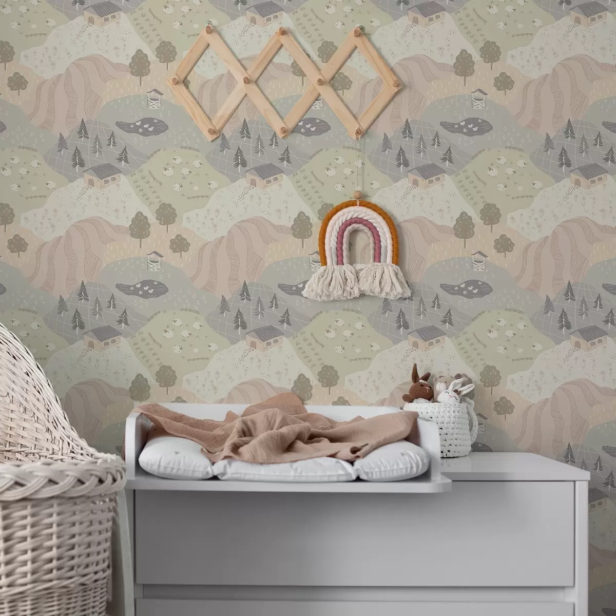 Bakgrund Sagolikt landskap med träd, gäss och får a00728