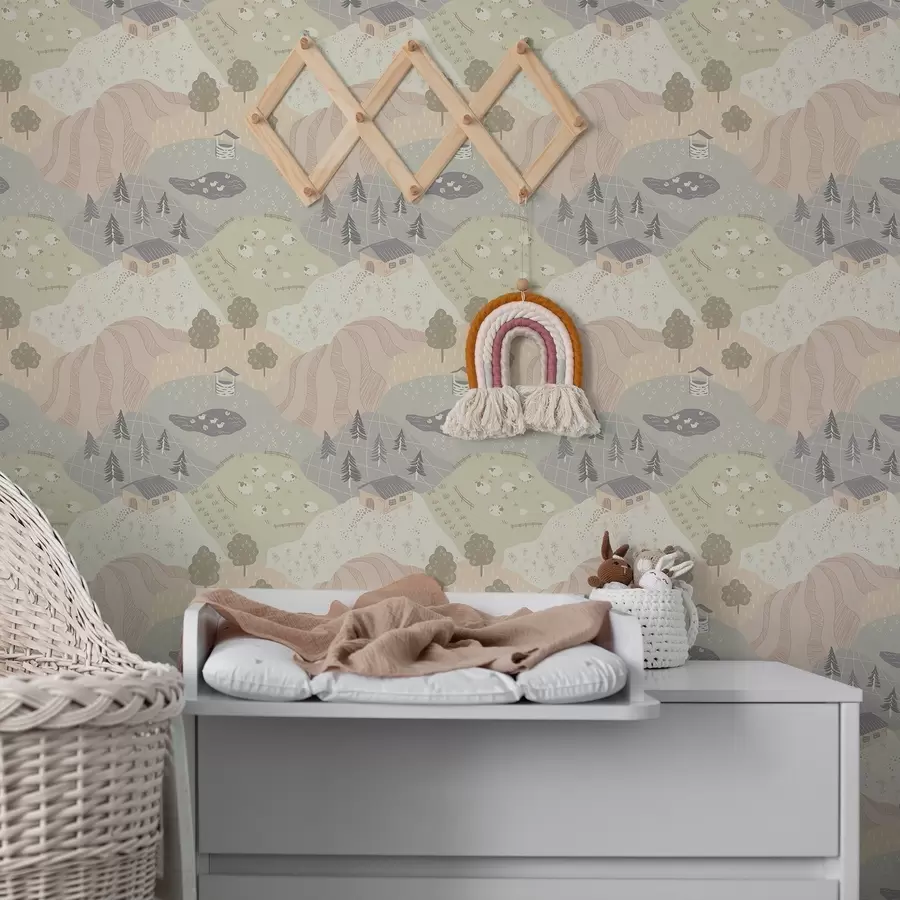 Fototapet Sagolikt landskap med träd, gäss och får a00728