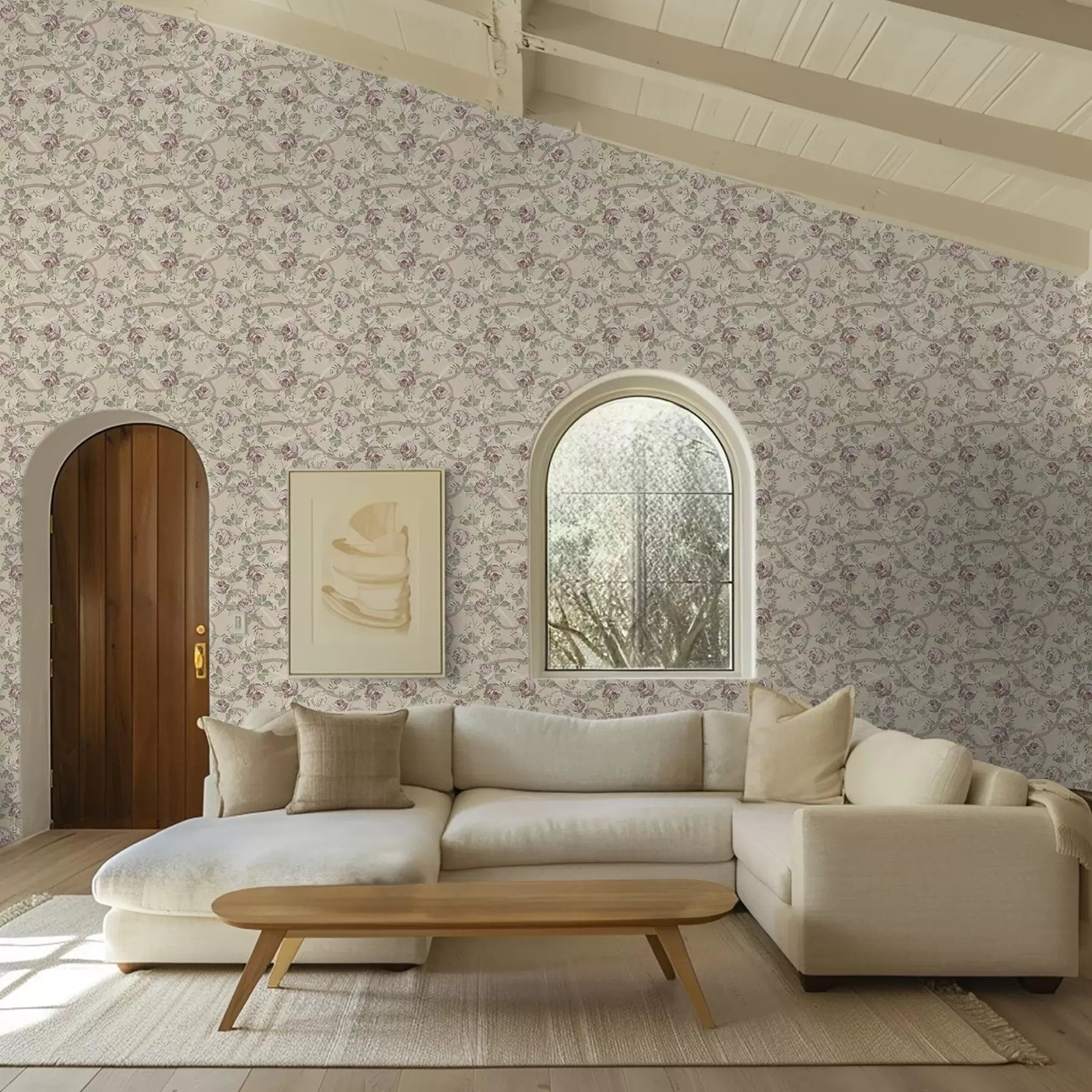 Fototapet Rosor med gröna blad på en varm beige bas a00729