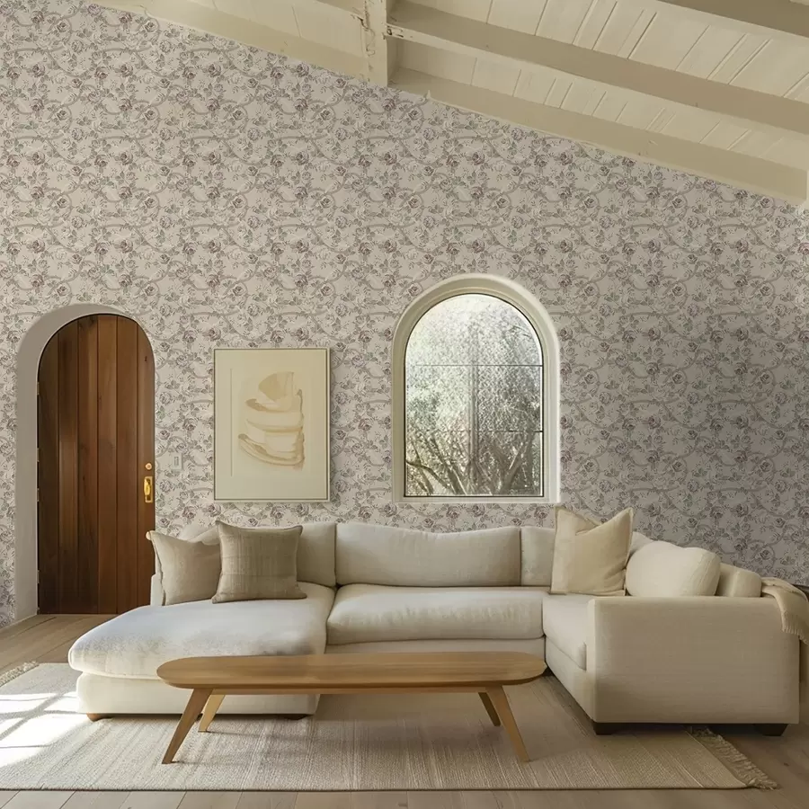 Fototapet Rosor med gröna blad på en varm beige bas a00729