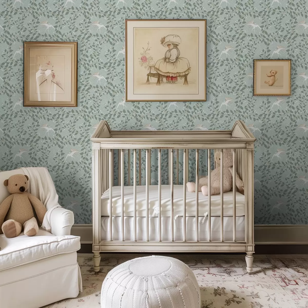 Bakgrund Grenar med vita bär och fåglar på grön bakgrund a00731