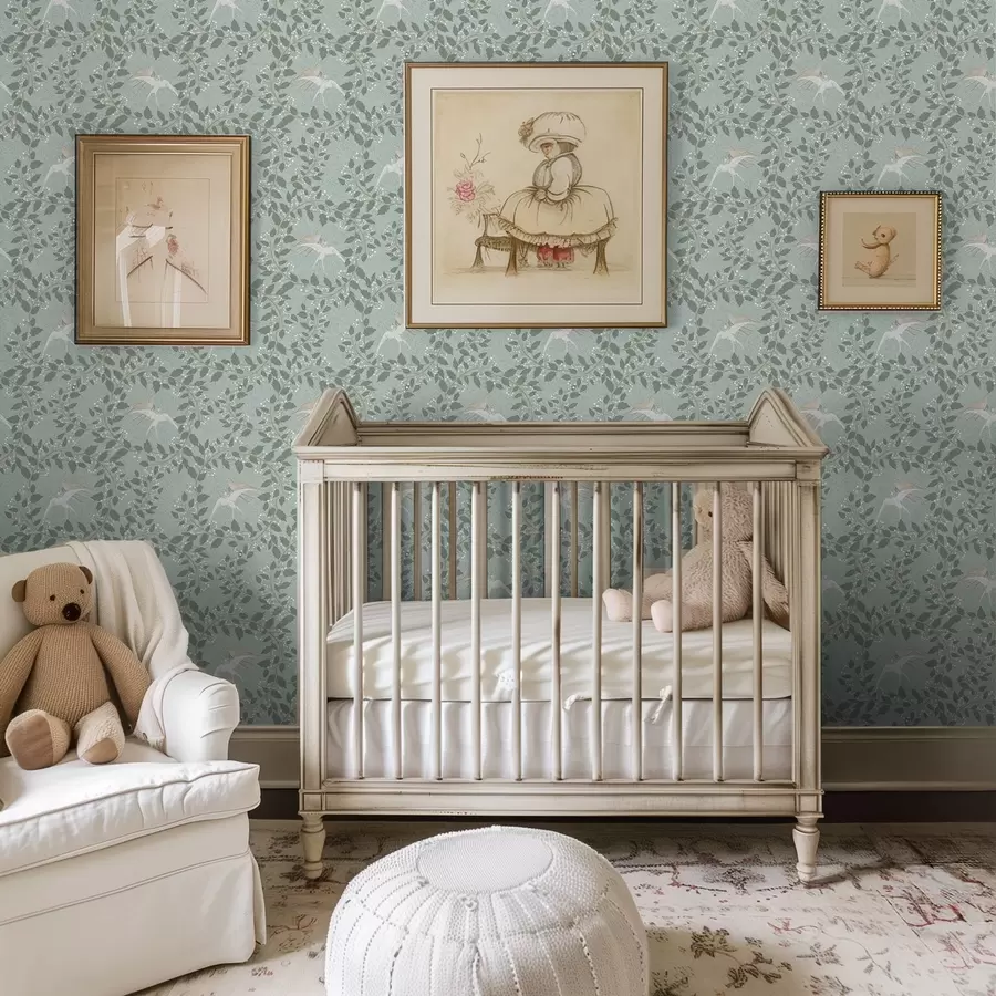 Fototapet Grenar med vita bär och fåglar på grön bakgrund a00731