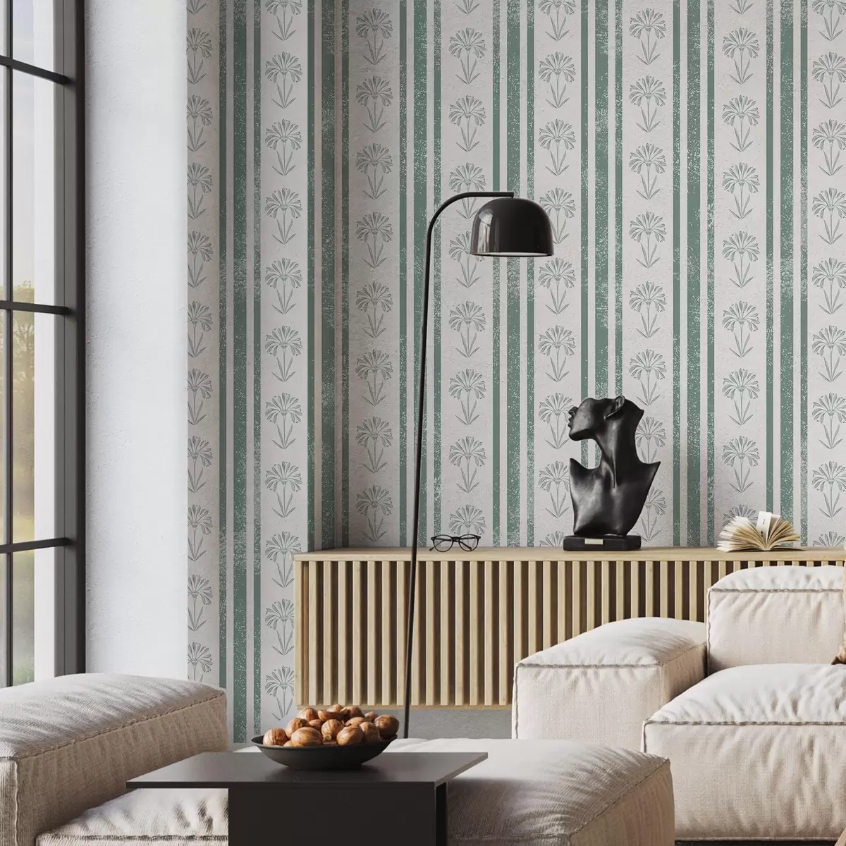 Bakgrund Bandmönster med blommor i gröna nyanser a00732