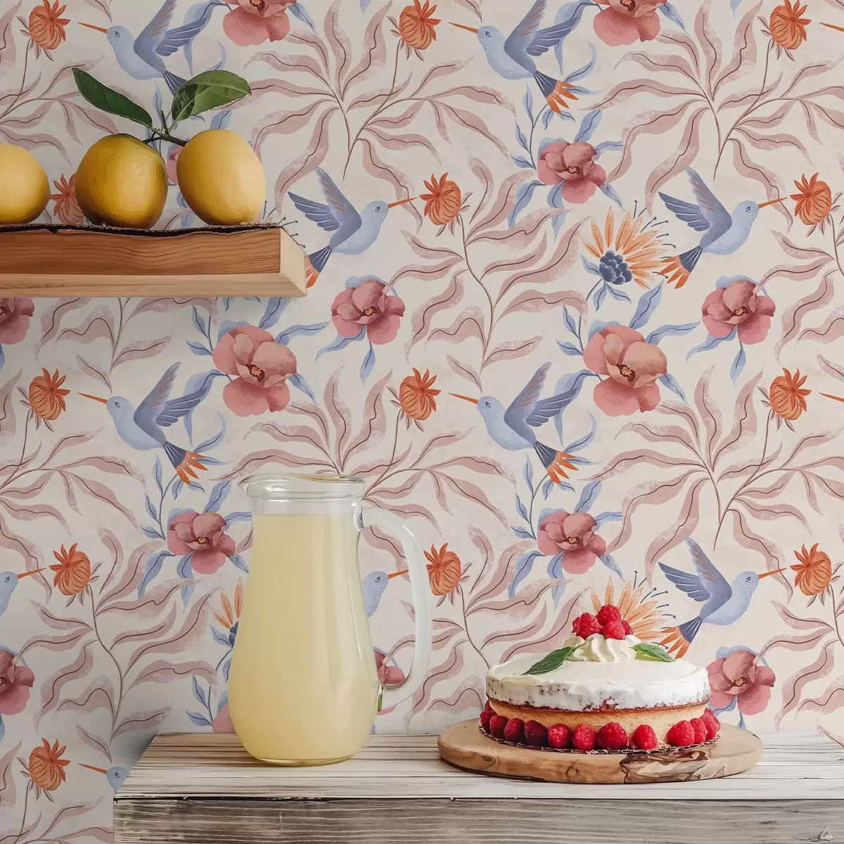 Bakgrund Kolibrier bland stora blommor i rosa och blå toner a00733