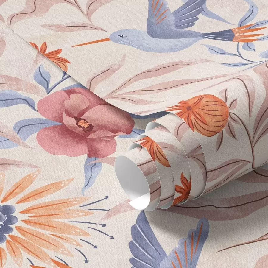Fototapet Kolibrier bland stora blommor i rosa och blå toner a00733