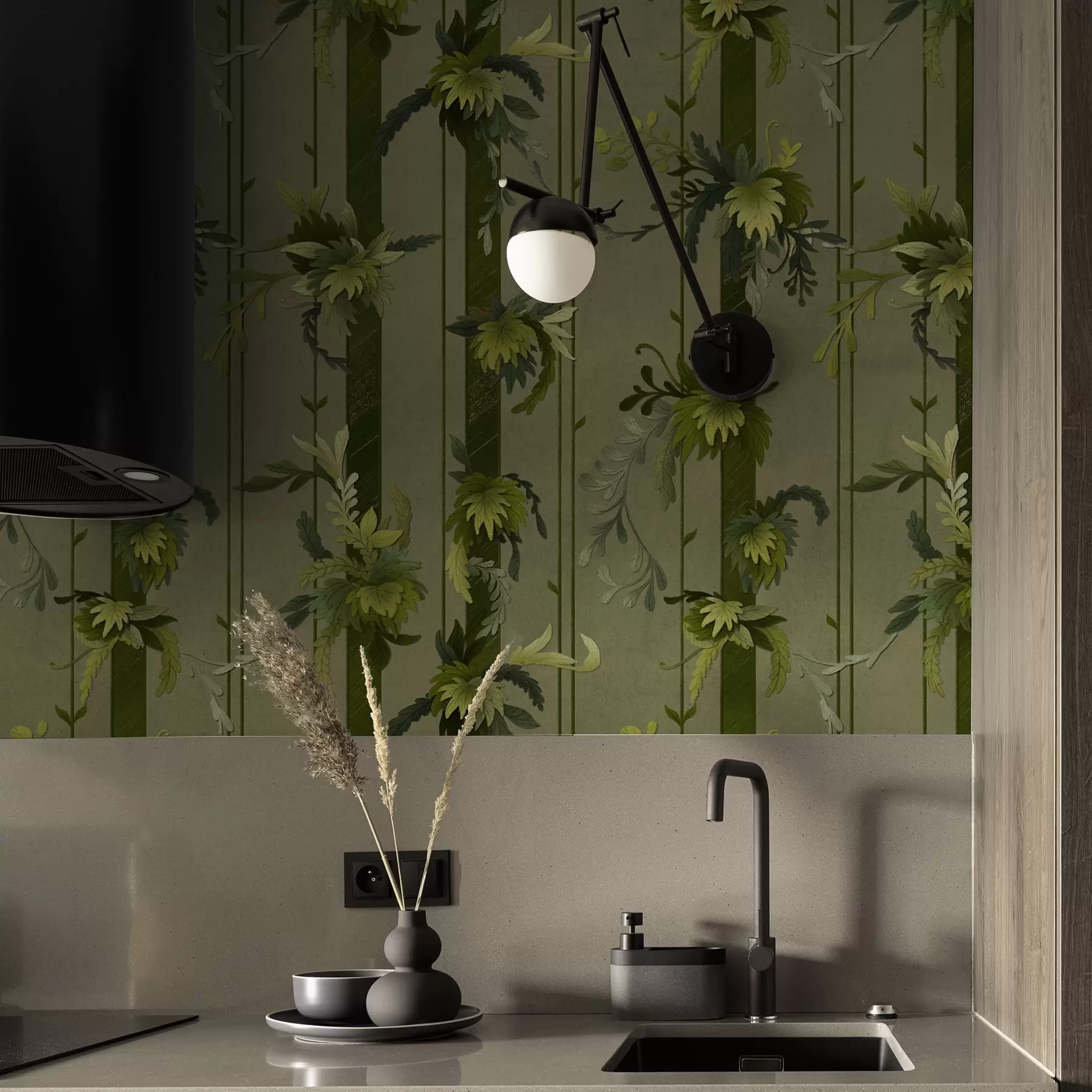 Fototapet Vinstockblad och druvklasar i ljusgröna akvarelltoner a00807